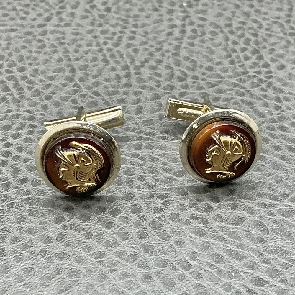 Vintage Mens Roman Warrior Cufflinks Tie Bar Set Gold‎ Tone Brown Cameo Cabochon